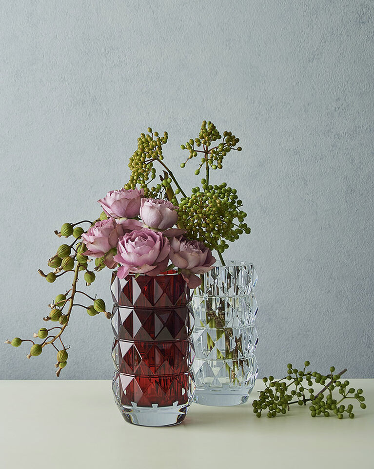 红色和透明卢索花瓶和花