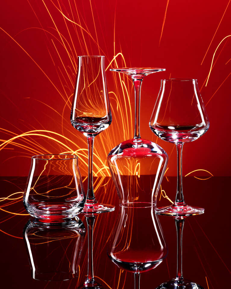 Set of tumbler, wine glass and champaign flute