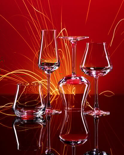 Set of tumbler, wine glass and champaign flute