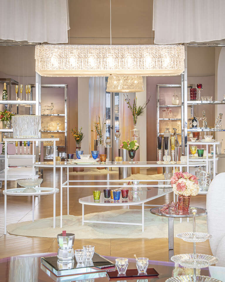 Tableware and chandeliers in Baccarat store Paris Place des Etats-Unis
