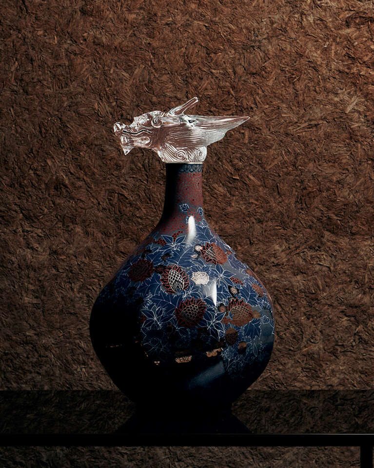 Crystal Dragon & Porcelain vase with Botanical Decoration