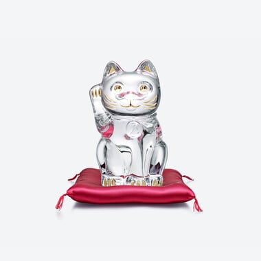 Cat Maneki Neko Figurine L with Cushion Baccarat in Crystal Clear