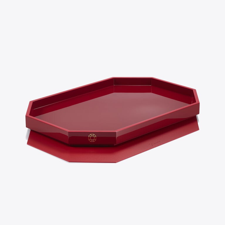 Plateau Octogone L Baccarat en Cuir Recycl&eacute; Rouge Voir 2